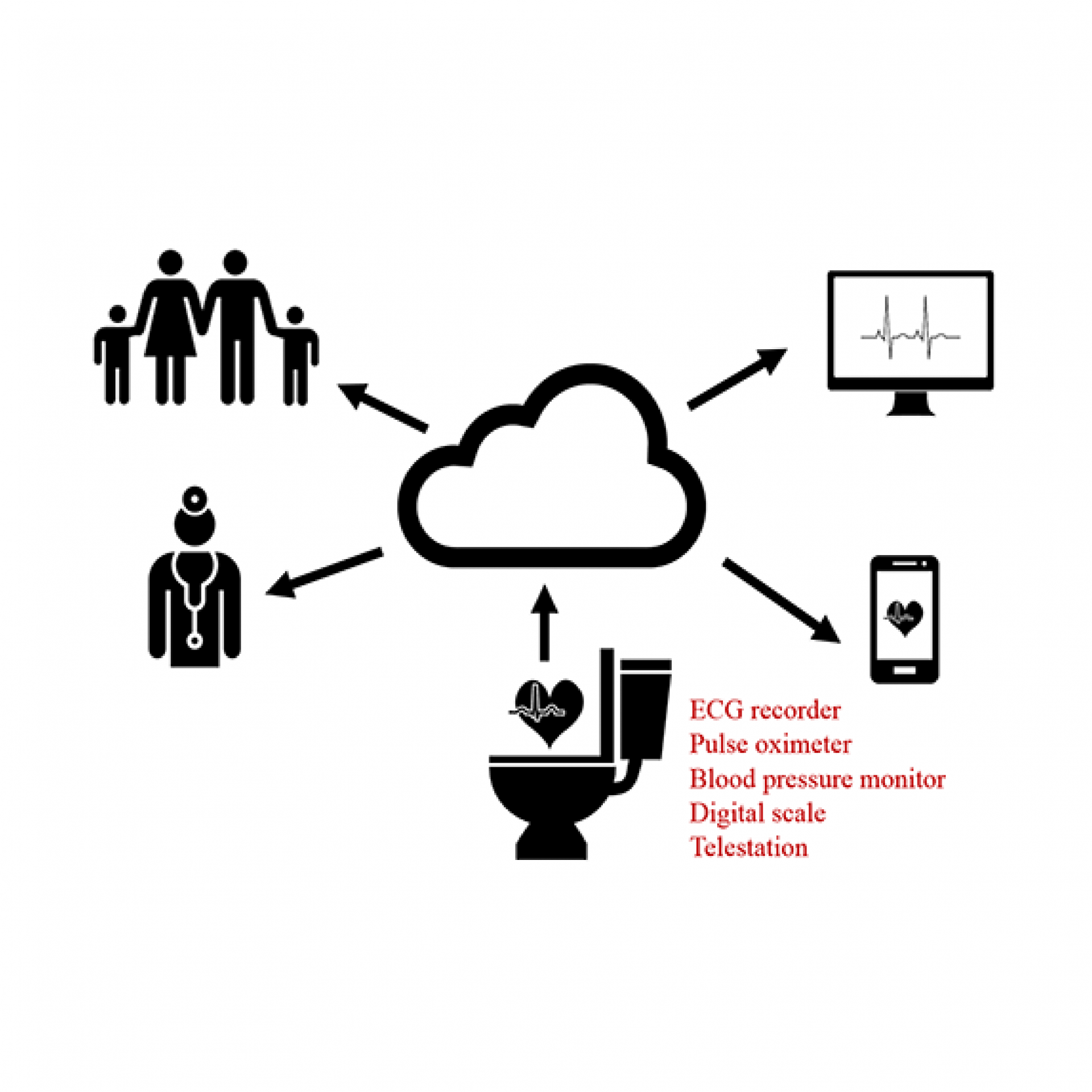 diagram showing how the toilet sends medical data to a cloud and then to medical professionals
