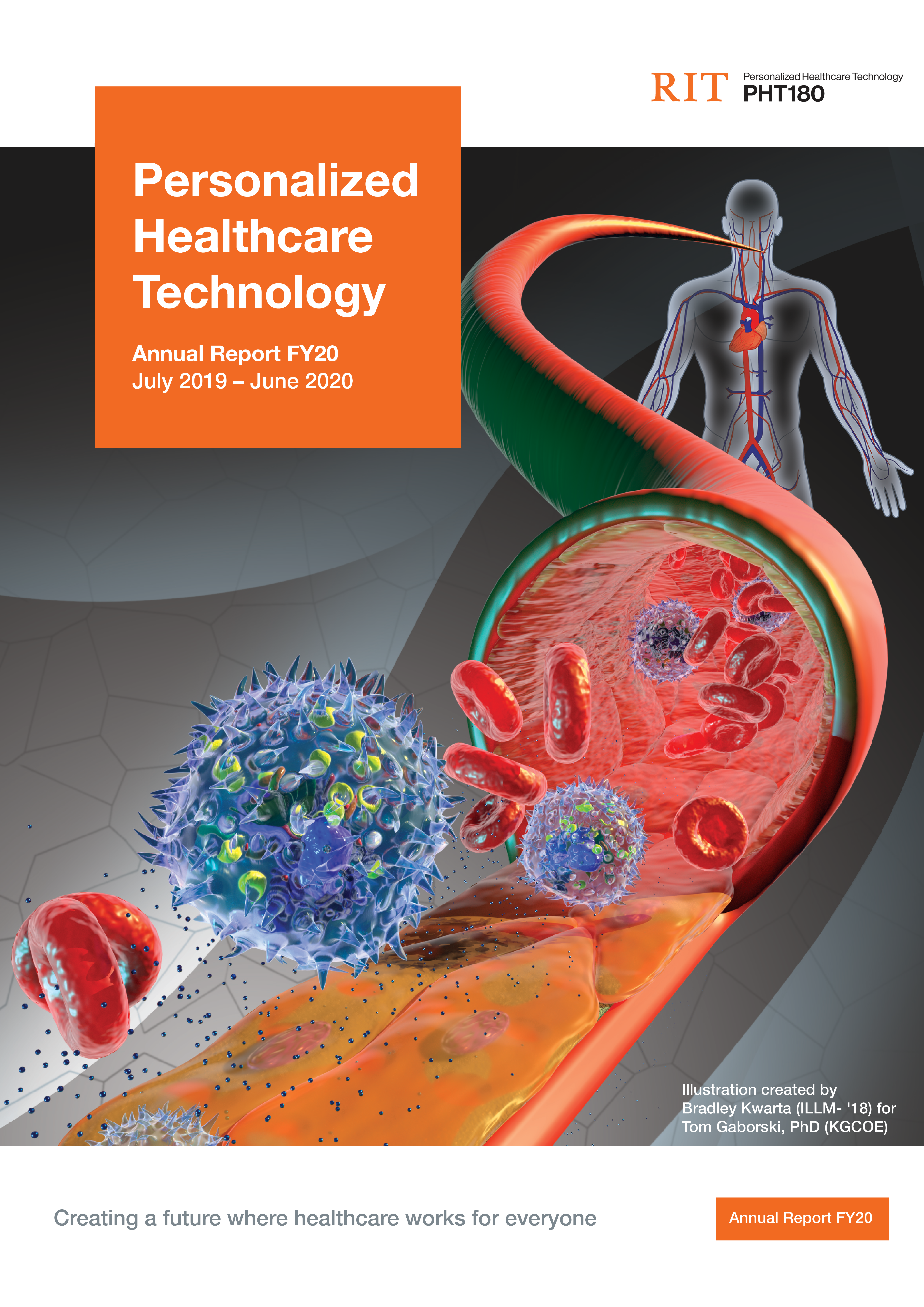 PHT180 Annual report cover with graphic of the inside of a  person's vein system leading to a single vein showing how cells interact with a virus