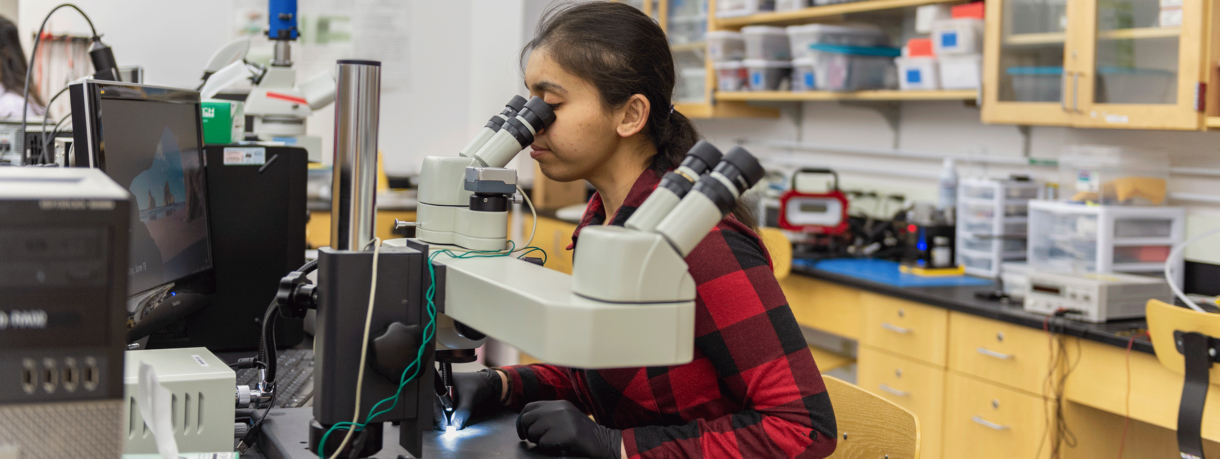 Student researcher looking into a microscope
