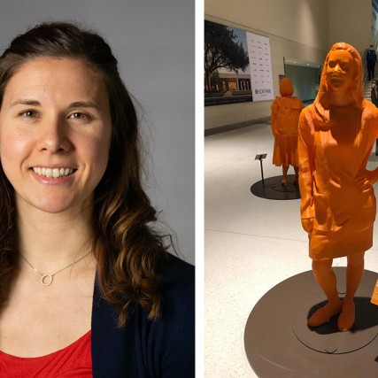 side-by-side images of a portrait of Tiffany Panko and a 3D-printed orange statue of her.