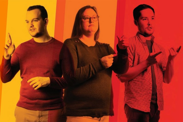 three college students using American Sign Language with a yellow, orange, and red overlay.