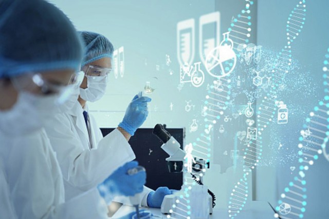 person wearing P P E and using a microscope. There are graphics of medical icons and strands of D N A overlayed on the photo.