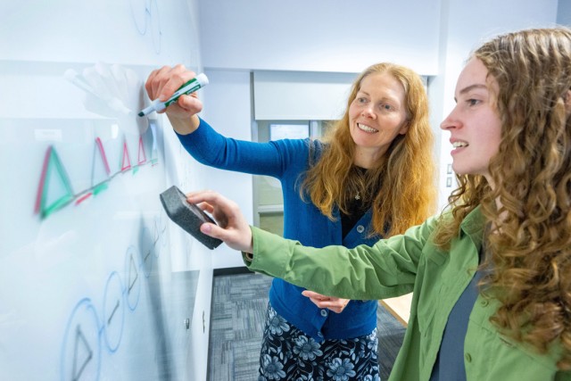 two women in a classroom write on a whiteboard.