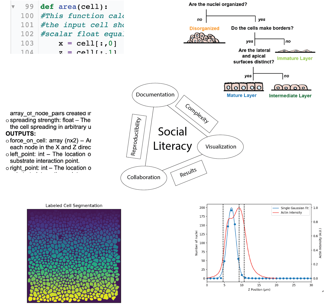 Examples of Social Computational Literacy within a physics research project including comments, pseudocode, and visual representations of data.