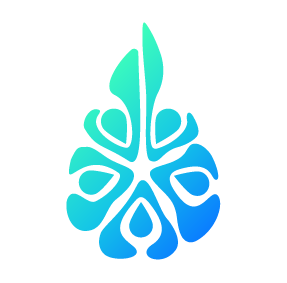A water droplet shape made up of 5 stylized heads and arms of people in a formation that resembles the Rochester flower logo. It has a blue/green gradient coloring. 