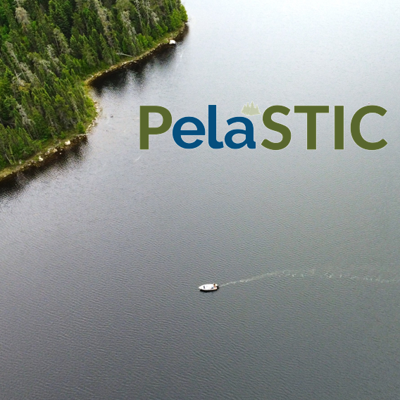 The word pELAstic over a lake wiht a boat releasing a trail of plastic behind.