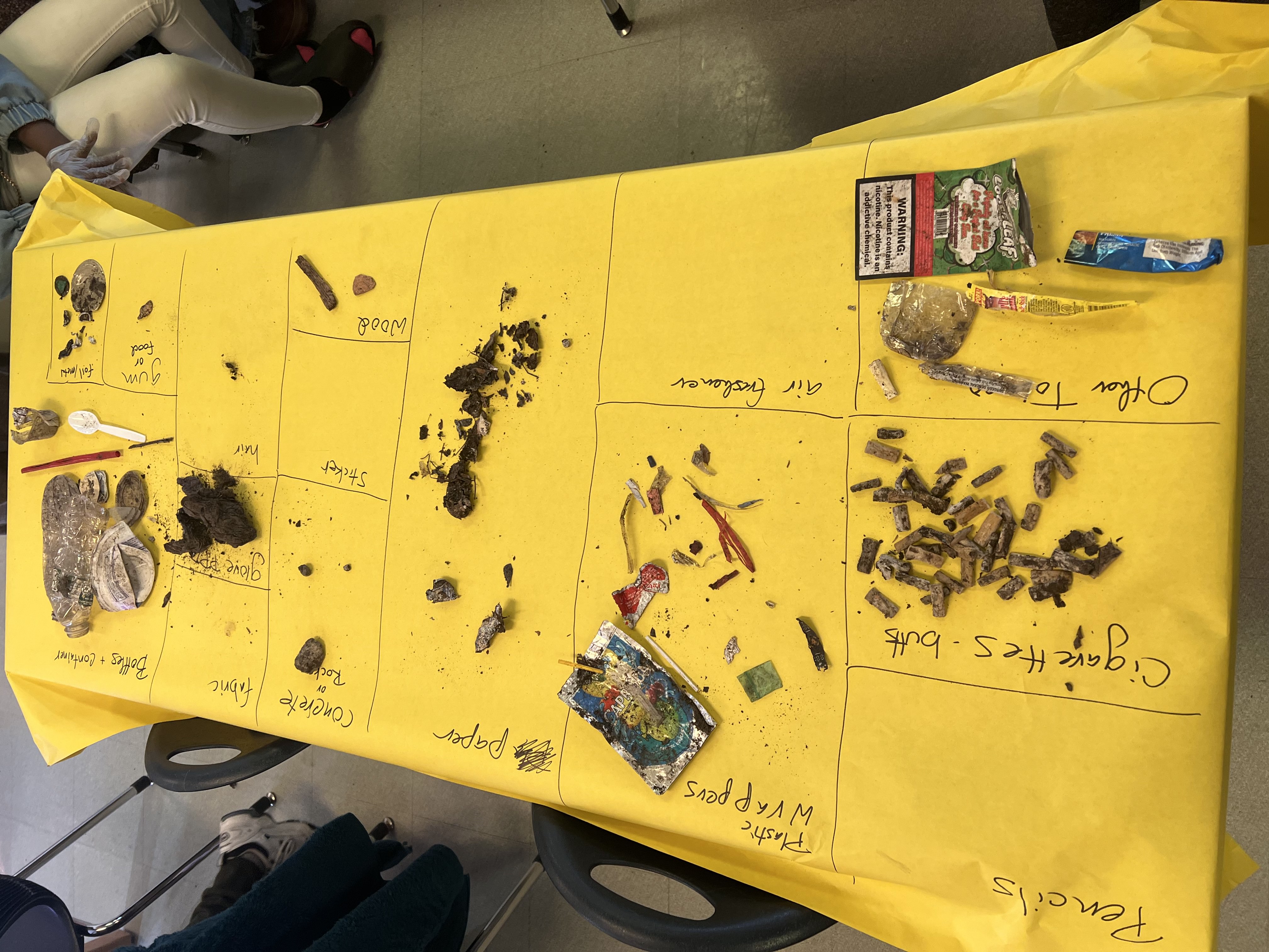 A sorted sample categorized on paper by material