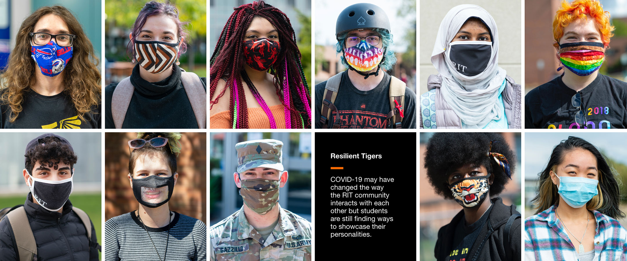 Banner photo collage showing two rows of students from RIT all wearing various color masks.