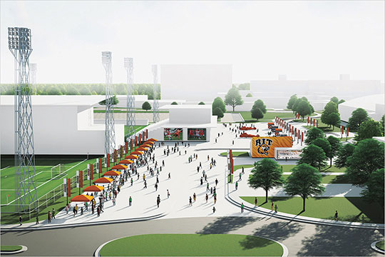 Bright rendering of a new atheltics center with lots of greenery.