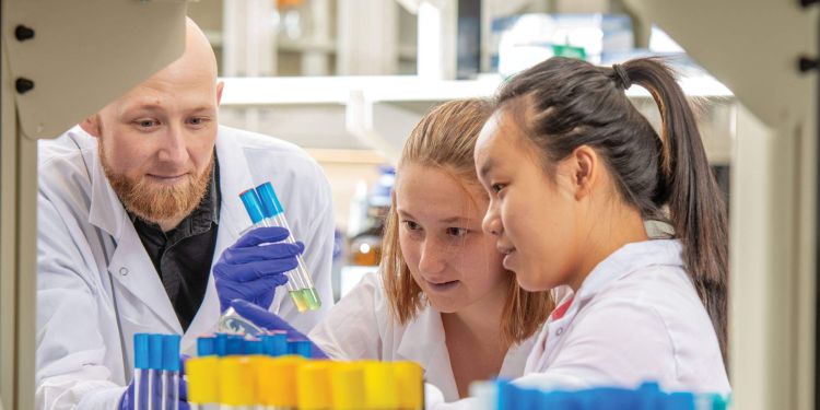A group of students wearing masks using a cordless drill.
