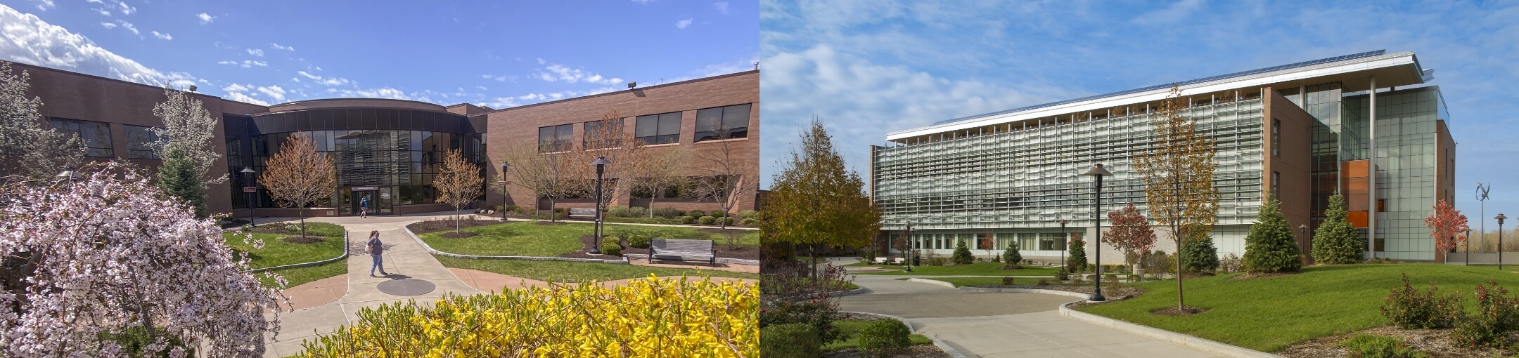 Exterior of Sustainability Hall on the left and Slaughter Hall on the right.