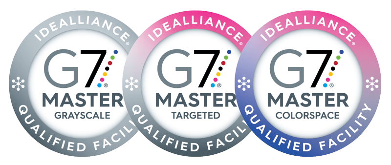 Idealliance G7 Master Qualified Facility logos for Grayscale, Targeted, and Colorspace.