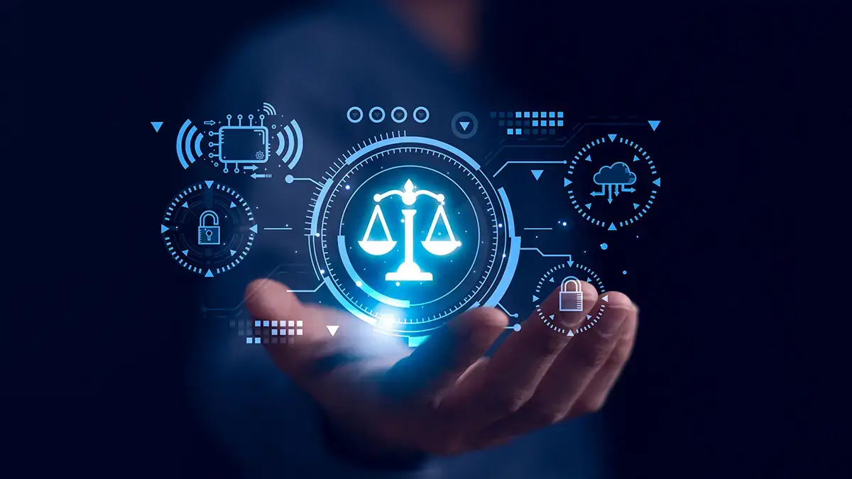 An out of focus person holding out their hand that contains a holographic display of scales, various locks, and technical symbols.