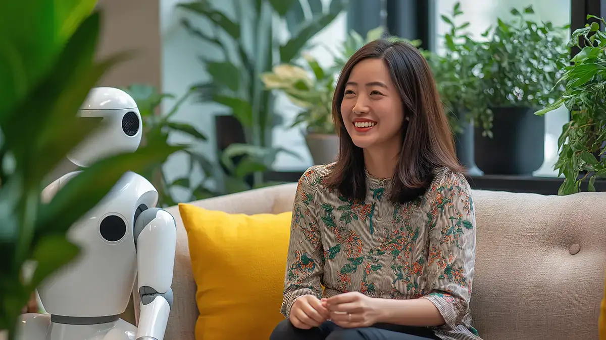 A woman sitting next to a robot.