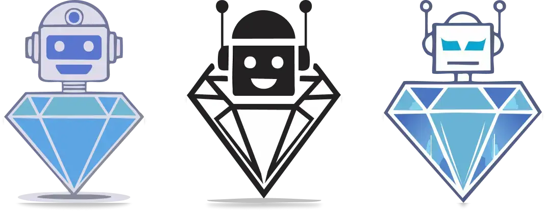 Three different robot heads on top of diamonds.