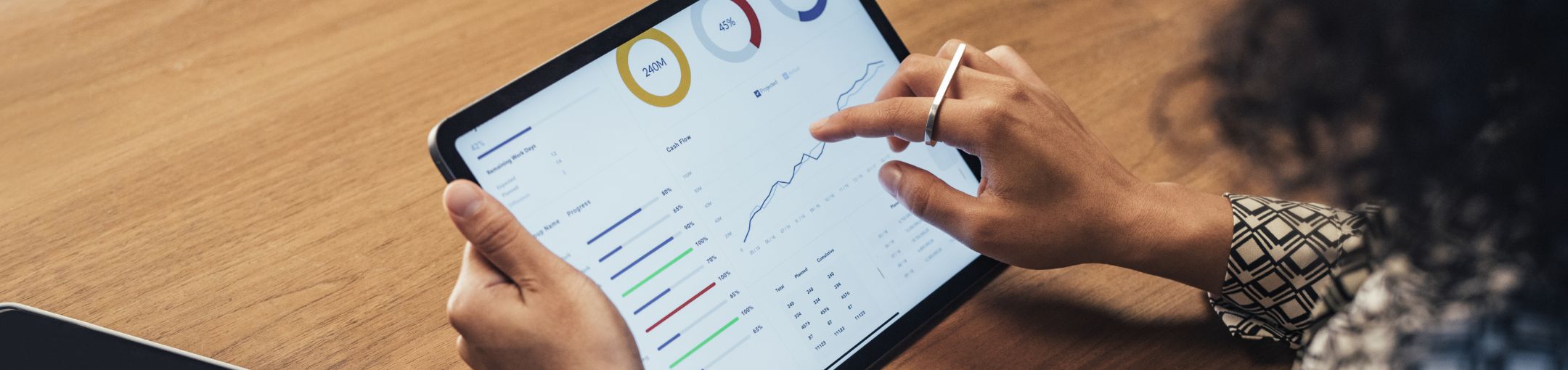 a person using a tablet with charts and data on it