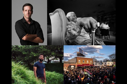 collage of four photos showing photographer Matthew Willman, Nelson Mandela sitting in a chair, photographer Joshua Rashaad McFadden, and a crowd of protestors outside a store.
