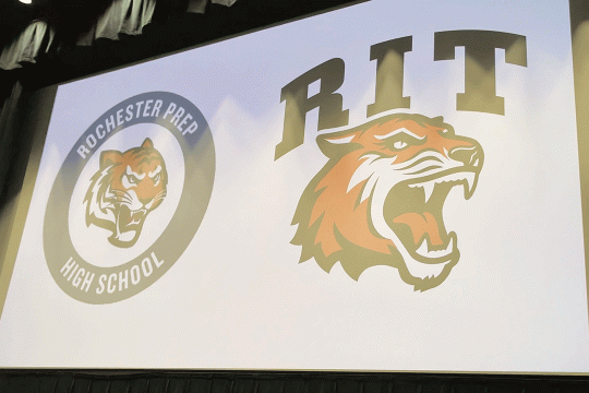 Rochester Prep logo and RIT Tigers logo