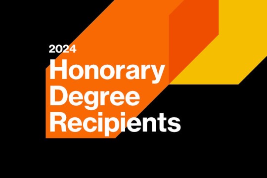 an image with yellow and orange flags says 2024 honorary degree recipients
