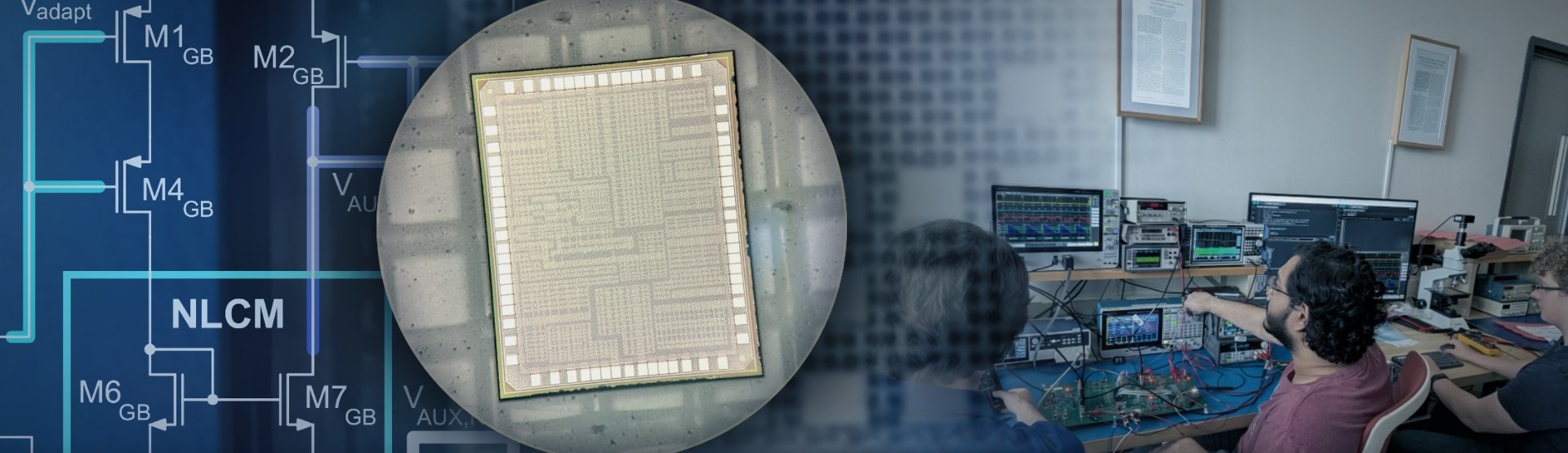 Banner image showing a semiconductor research laboratory, with a close-up of a microchip centered over a dark blue transistor circuit schematic on the left and researchers testing electronic equipment at laboratory workstations on the right.
