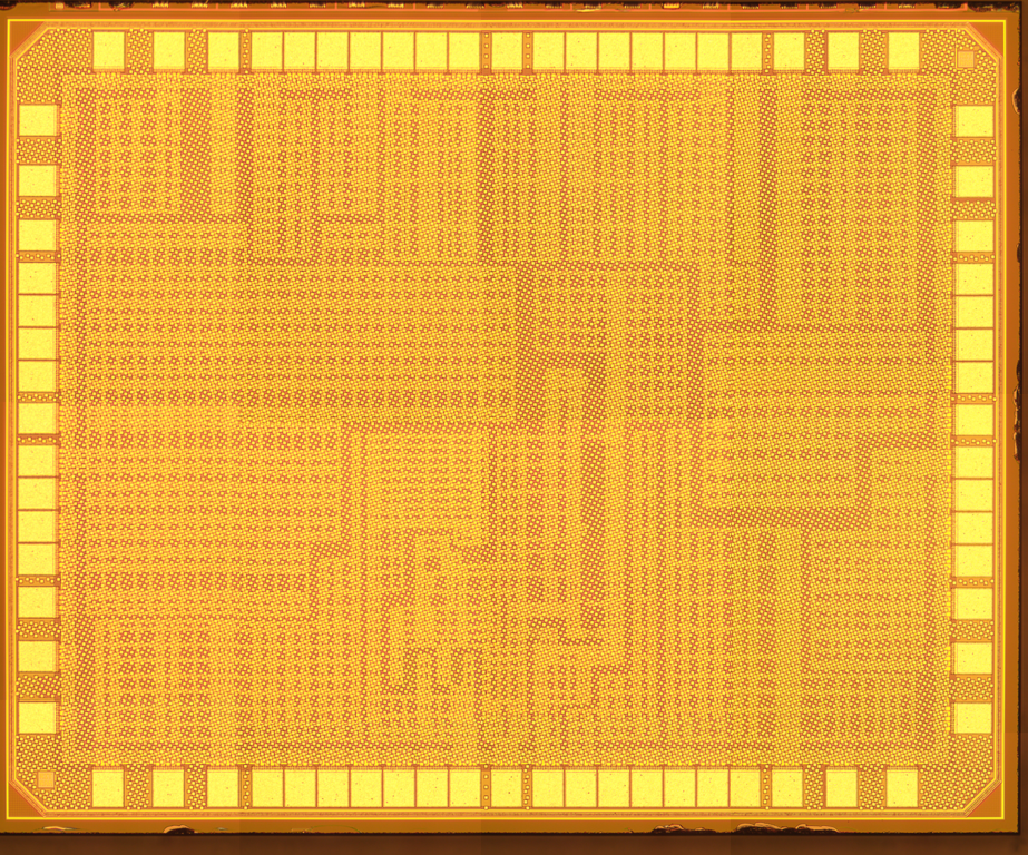 Die micrograph of the RAMLab01 test chip, showing the regulator and front-end blocks surrounded by bond pads