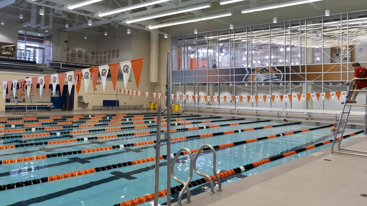 the aquatic center with a lifeguard on duty.