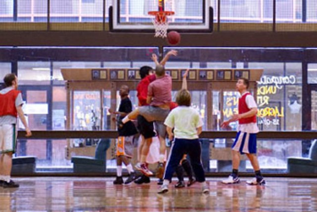 Students playing basketball.