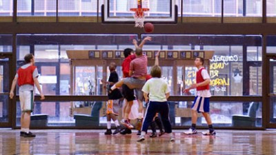 Students playing basketball.