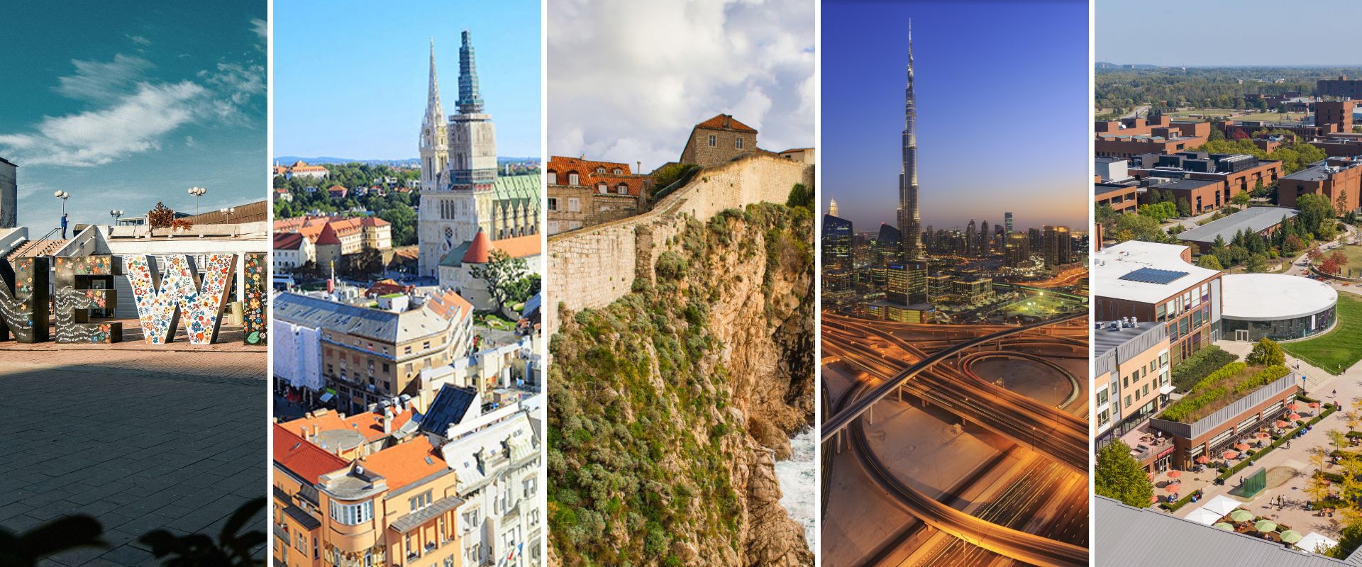 Collage of RIT campus and skylines from four different international cities that house an R I T campus.
