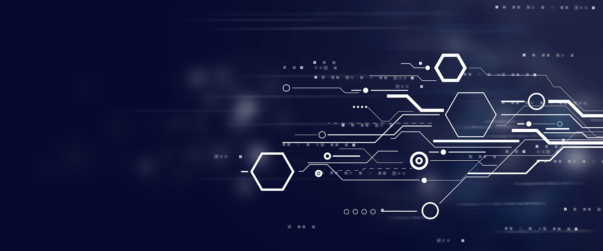 graphic with blue and white lines and hexagon shapes.