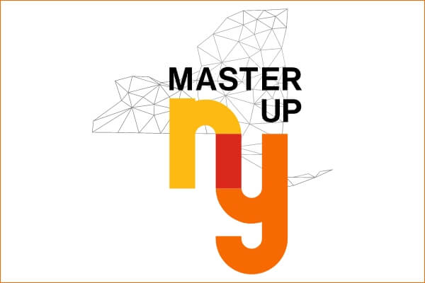 Text that reads: Master up N Y that is overlayed on top of a wireframe outline of the state of New York.