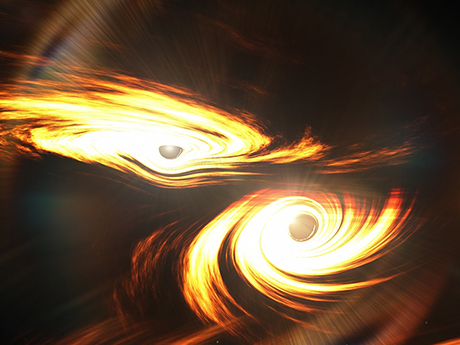Artist concept of merging black holes in space.