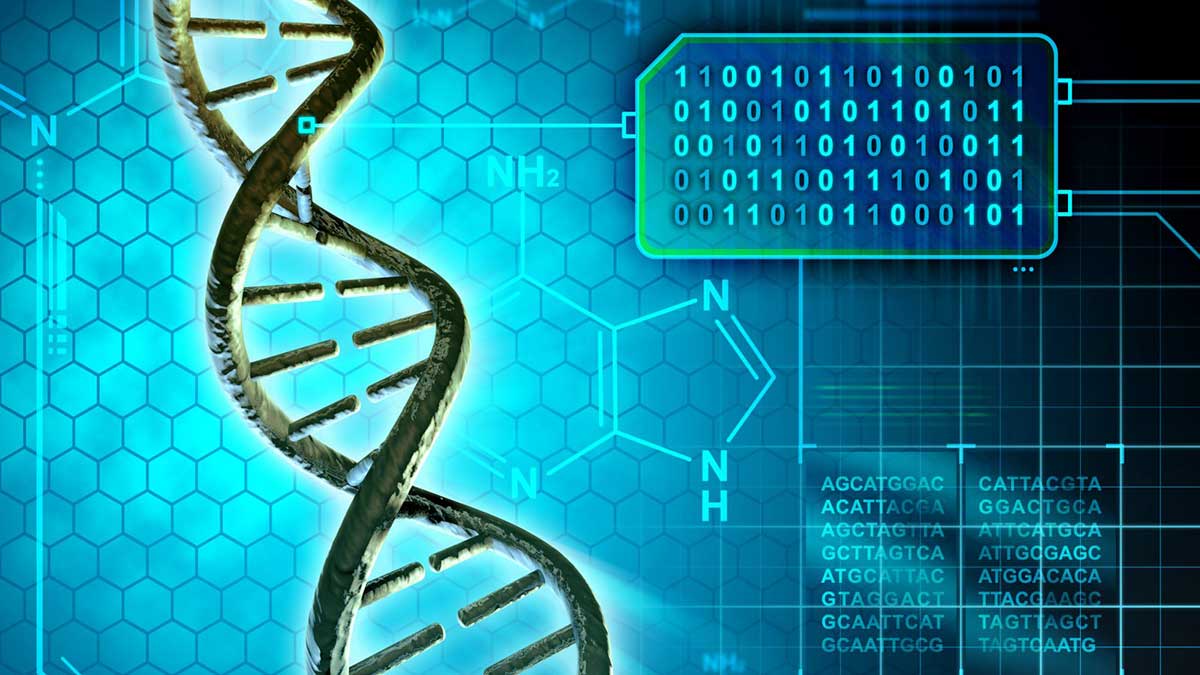 graphic with a strand of D N A, binary code, and gene sequencing code.