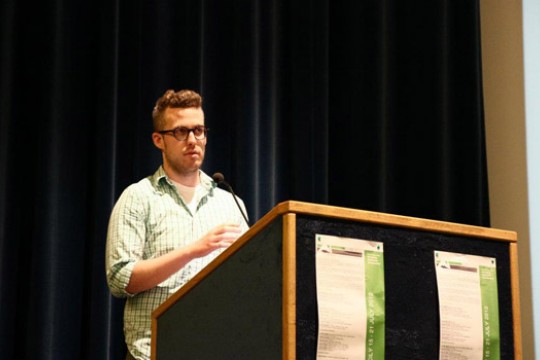 Person giving speech at podium