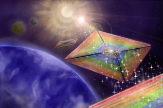 Artist's rendering of diffractive solar sails in space.