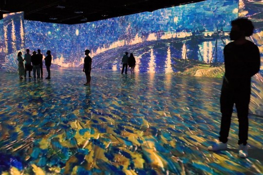 a Van Gogh painting projected onto a room's floor and walls.