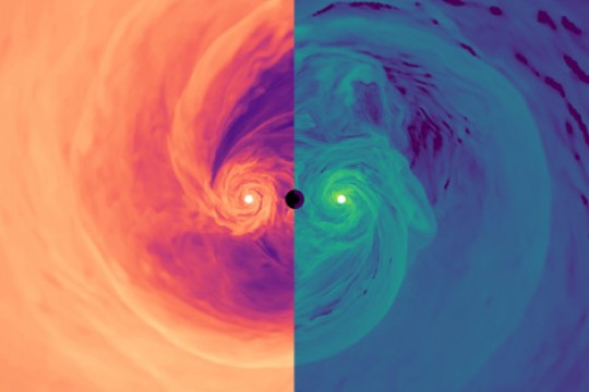 density (left) and cooling function (right) of the surrounding plasma around merging supermassive black holes.