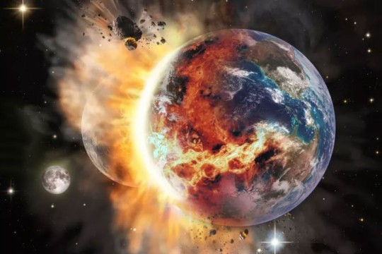 illustration of a planet crashing into Earth.