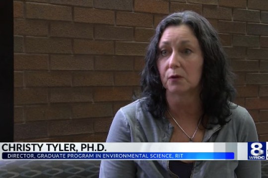 Christy Tyler is pictured in front of a brick background talking to a reporter at News8 Rochester