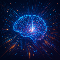 image depicting a futuristic brain-like structure radiating with creative energy and flowing data, representing the innovative and expansive capabilities of Generative AI