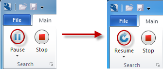 A pair of screenshots, showing that a user has clicked on the "Pause" button, and that button has become the "Stop" button.