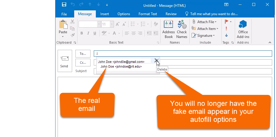 Screenshot showing deleting email from autofill options.