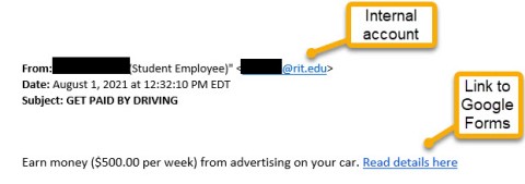 Example of Get Paid by Driving Job Scam email offering $500 and linking to a Google form for more information