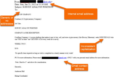 Screenshot of job scam email showing internal email address, missing addressee, Gmail contact address, inconsistent capitalization