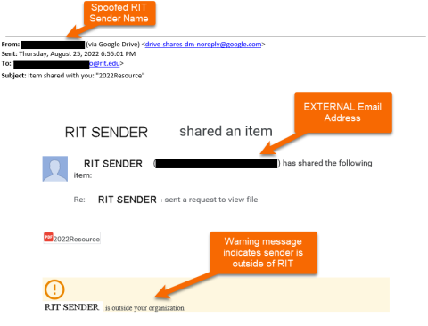 Screenshot of Google Shared File Notification that indicates how to tell if the sender is from within RIT. There is an External Email address displayed in the message and there's a warning that the sender is outside your organization