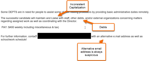 Annotated screenshot of job scam phishing email.