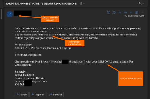 Screenshot of Admin Assistant job scam email
