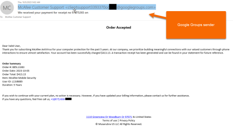 Screenshot of McAfee Customer Support phishing email