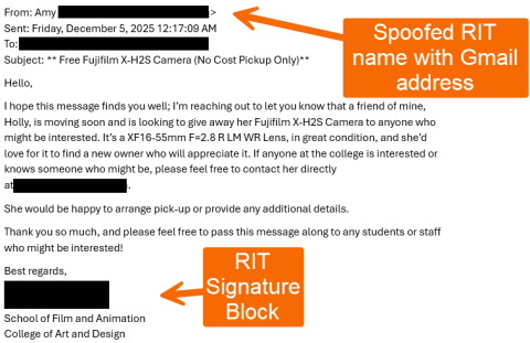 Image of phishing email offering free camera