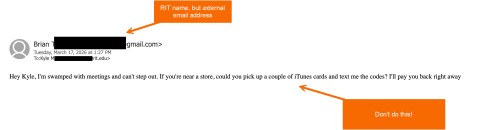 Screenshot of email asking the recipient to purchase iTunes gift cards